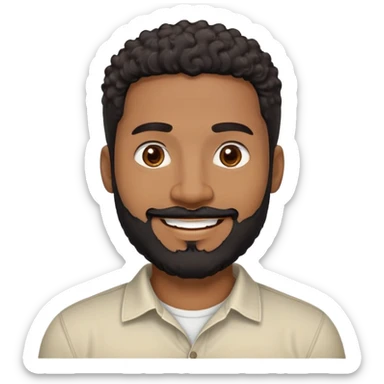 Caribbean man in his early 40s with medium brown complexion. Round friendly face. Energetic expression with wide smile. Cheerful dark eyes. Thick eyebrows. Wide nose. Well-groomed full black beard. Short curly black hair with faded sides. Wearing a cream colored casual shirt. sticker