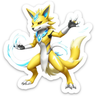 Modern futuristic shiny colorful Lombax-Zeraora-Renamon-fusion (full body) sticker