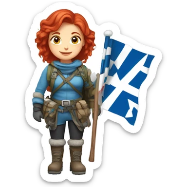 female winter mountaineer red hair holding greek flag and easter egg sticker