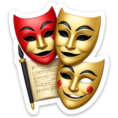 Create a bold and dramatic emoji representing the art of playwriting. The design should feature an open script or a theater playbook, with stylized text lines or dramatic dialogue inside. Include elements like a theatrical comedy and tragedy masks, a stage spotlight, or a quill to symbolize creativity and performance. Use deep, contrasting colors like red, black, and gold to evoke the intensity and passion of drama. The overall design should feel dramatic, inspiring, and artistic. Make the background transparent. sticker