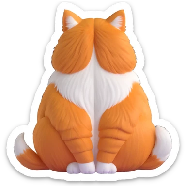 3D iOS style illustration of a fluffy orange and white cat sitting with its back turned, looking grumpy, round and soft with visible orange patches, cute and playful sticker
