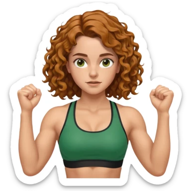 big biceps, muscled torso, very beautiful italian happy girl, looking like Emma Watson, with wavy curly bright hazelnut hair, dressed in green bra sports outfit, pulling up sticker