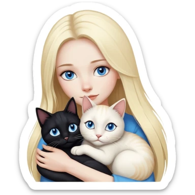pretty woman with pale skin and with BLUE eyes and very long blonde hair  hugging a bicolor black and white cat sticker