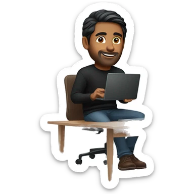     memoji of a man with a laptop in front, apple-style,modern,dark hair,black sweater,computer in hand, Indian brown skin, sitting on his desk with light blue gradient background sticker