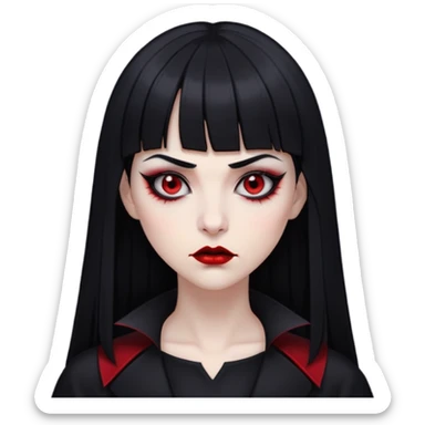 pale woman with black long straight black hair red sleepy eyes with black eyeliner black lipstick vampire teeth straight short bangs serious expression with thin black eyebrows nose piercing black clothe  sticker