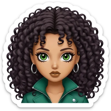 curly long dark brown hair, tan skin,  dark green iris, pretty bratz baddie, strong black eyeliner sticker
