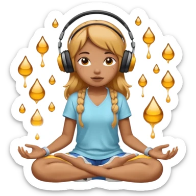 This girl(🧘🏻‍♀️) is sitting cross-legged in a meditation pose, wearing headphones(🎧) and listening to music. The song is so good that honey is dripping from her ears, and her expression is completely dazed because she’s enjoying the music so much. sticker