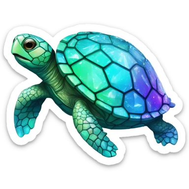 Turtle made from kaleidoscopic crystalline rainbow oilslick cyan broken glass sticker