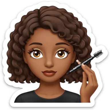 Garota parda de cabelos ondulados castanhos escuros curto aplicando máscara de cílios sticker
