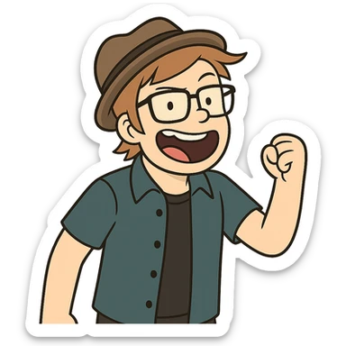 Patrick Stump from Fall Out Boy, cartoon style, signature hat, glasses, energetic expression sticker