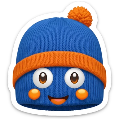 Blue beanie with an orange rim, and an orange puff dot at the top sticker