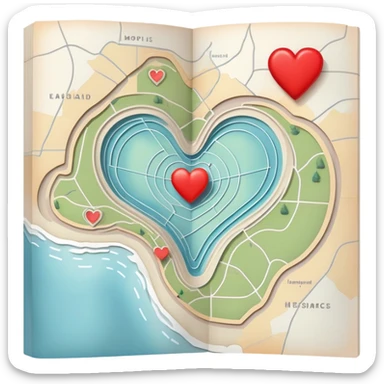 Folded cartographic map with pale ethereal colors, featuring red heart markers and various colored symbols indicating different emotional experiences, topographic lines sticker