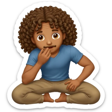 Brown man with curly long hair is so hungry he’s on Knees mouth watering sticker