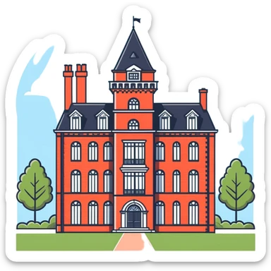 large English country house in red brick with a tower sticker