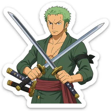 Zoro Roronoa from One Piece, anime style, holding swords, green hair, serious face sticker