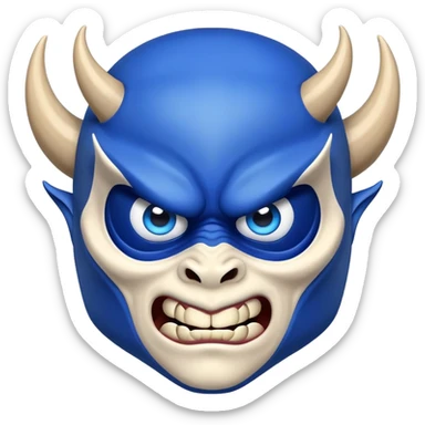 blue demon emoji face with big expressive eyes and curved horns sticker