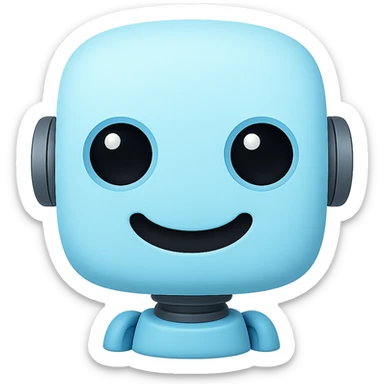 Create a transparent PNG of a cute light blue (#b0f2f8) robot with a round head, big eyes, and a smiling expression in the style of an Apple emoji. Remove the background and keep the robot's light blue color and cute features. sticker