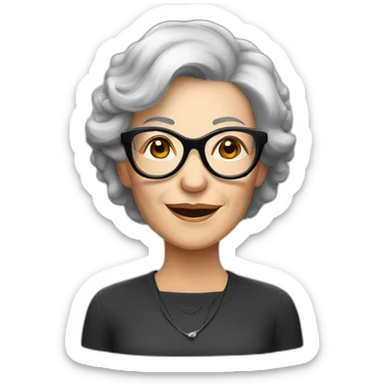 Older white woman with black and grey hair and black round glasses sticker