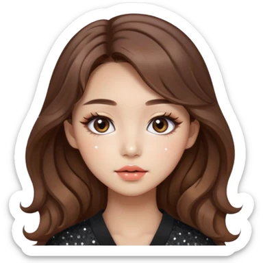 “korean brown hair Emoji girl, soft eyeliner, gradient lips, light brown shimmer eyeshadow, sparkly aegyo-sal, long wavy hair,  sticker