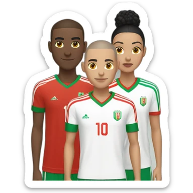 4 friends, a tall white one with black hair and a buzz cut wearing a french jersey, two other medium size wearing Morocco jerseys and a short light skin one wearing morocco jersey sticker