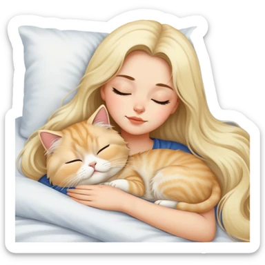 pretty girl with dark long hair sleeping with blonde fluffy  persian cat in bed sticker