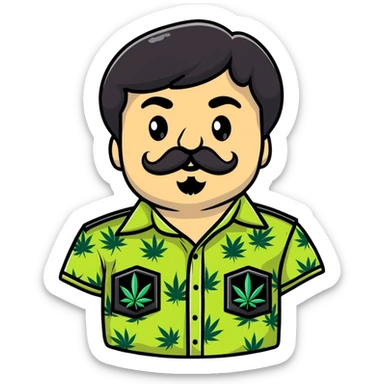 Mexican drug lord El Chapo with mustache and cannabis leaf patterned shirt sticker