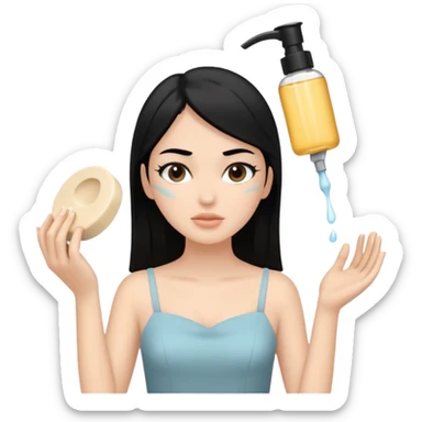 White girl with black hair in beige dress getting a facial cleansing sticker