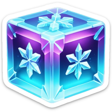 glowing ice crystal cube, icy neon cyan highlights, purple neon accents, dark background, digital tech style. sticker