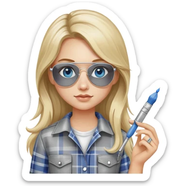 girl with long blond hair, wearing grey plaid shirt with blue eyes and aviator sunglasses wearing a ring on her silver necklace, holding a paint brush roller with a small bit of white paint on her face sticker