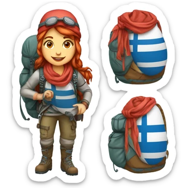 Female winter mountain climber red loose hair climbing with Greek flag on backpack and holding Easter eggs basket sticker