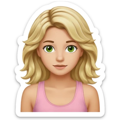ca you make her hair a 20-year-old girl with long wavy hair brown roots blonde highlights green eyes brown eyebrows good summer tan iPhone emoji style with light pink tank top can you make her hair a little longer please sticker