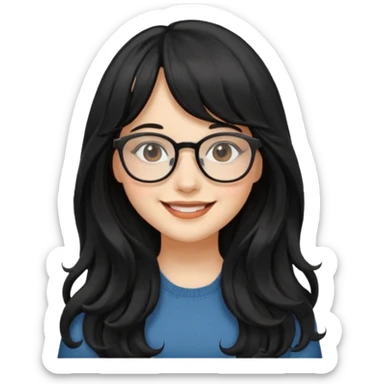Please generate a portrait of a pretty girl with long, wavy, black hair. She's smiling. She also wears a middle parting and bangs. with glasses sticker