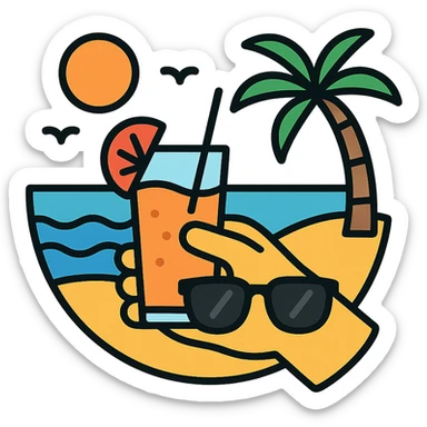 a hand with sunglasses holding a glass of fruit juice, beach background icon sticker