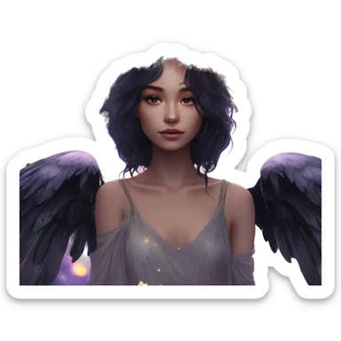 Black Raven wings bohemian girl Ethereal galaxy constellation girl angel raven wings black wings, gold arrow, nebula, flower crown, fairy lights, iridescent, nature, shot by golden arrow sticker