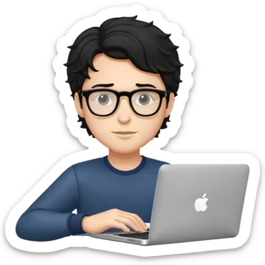 guy with wavy black hair and skin tone a little bit white and glasses, with a macbook sticker