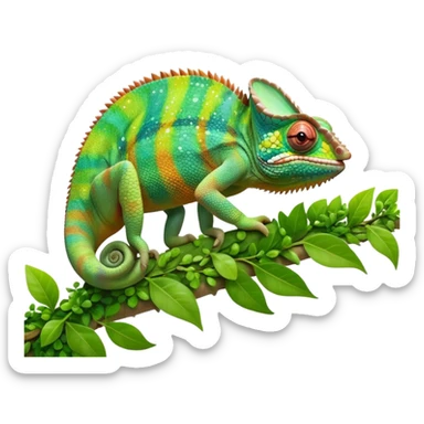 cinematic giant-smiling. chameleon-realistic emoji,-blending-with-vibrant-greenery.-detailed-scales-in-shifting-colors,-showing-the-chameleon’s-ability-to-camouflage.-soft-natural-light-highlights-its-texture.-light-background, zoomed into its face sticker