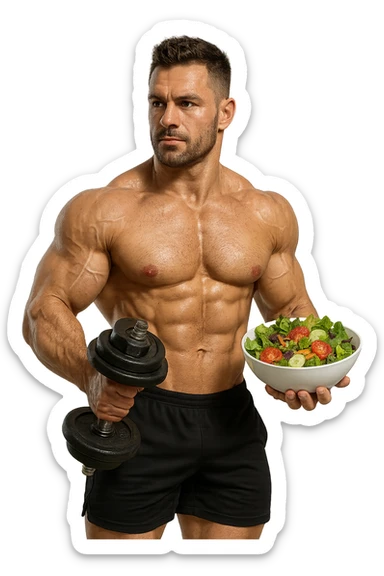 bodybuilder che tiene un manubrio da palestra nella mano destra e una bowl di insalata nella mano sinistra sticker