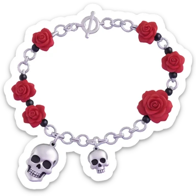 gothic bracelet with crimson velvet band, silver skull charm, deep red rose accent, dramatic and gothic sticker