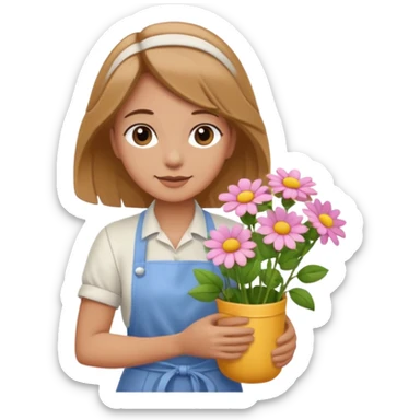 a florist with brown, light-colored hair wearing a cute apron and carrying flowers sticker
