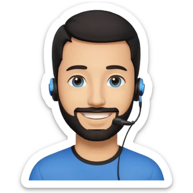 Man 30, black short hair, blue eyes and black short bears, on earpiece sticker