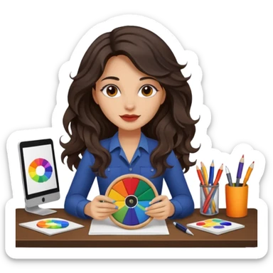 female dark wavy long hair graphic designer , holding color wheel , pens, papers, desktop sticker
