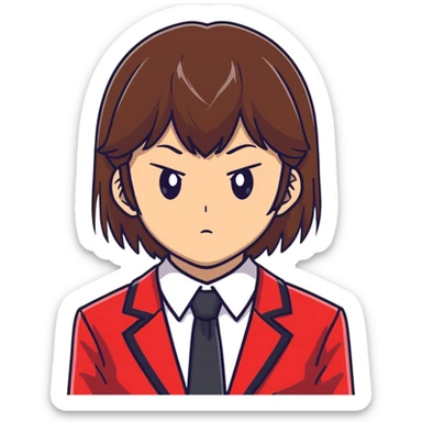 Kiyotaka Ayanokoji from Classroom of the Elite, calm emotionless eyes, medium-length straight brown hair with bangs, serious neutral expression, school uniform with red blazer and tie, face close-up sticker