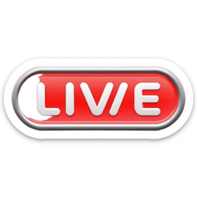 "LIVE" text badge, bold white letters on neon red rounded rectangle background, soft red glow, modern broadcast indicator style, Twitch/YouTube live aesthetic, black background sticker