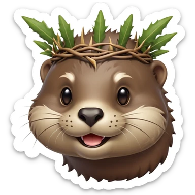 really cute smiling joyful otter face in three-quarter profile view with simple thorny stem wrapped horizontally around its forehead like Jesus Christ's Crown of thorns, no crown shape on top, just thin spiky branches circling the forehead, Apple emoji style, glossy finish, smooth gradients sticker