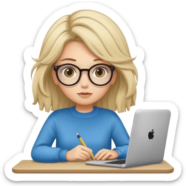 ragazza bionda con capelli molto lunghi, con occhiali tartarugati, occhi azzurri, con maglione beige, seduti alla scrivania che lavora al pc sticker