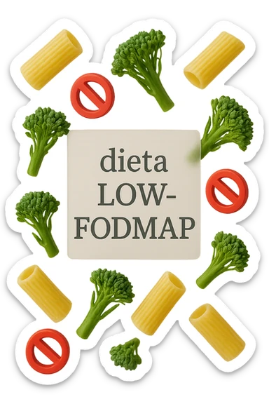 BROCCOLETTI E PENNE DI PASTA RIGATE FLUTTUANO IN ARIA insieme a piccoli divieti 3d, DAVANTI A LORO FLUTTUA UN FOGLIO CON LA SCRITTA "dieta low-fodmap" sticker