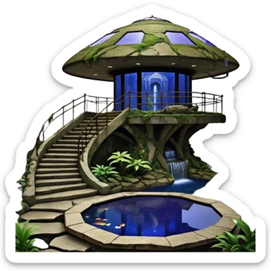 Alien saucer house jungle-vines precarious narrow stairway fountain koi pond mountain-island getaway nighttime landscape antique mudman very old broken cracked intricate Stone Age lapis-crusted irregular dodecagon-shaped shallow dark moss rough bark violet serissa flowered maple tree bonsai sticker
