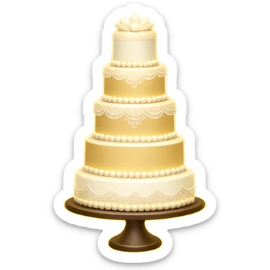 Add a soft glow effect to the elegant white wedding cake with lace details. Keep the background transparent. The style is emoji style with a soft glow effect. sticker