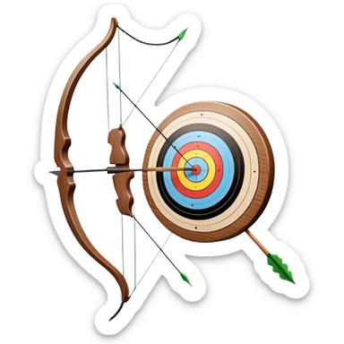 A professional recurve bow with an arrow nocked, ready to be released. The target features concentric rings, placed at a distance. The emphasis is on the bow, arrow, and target, highlighting the precision, focus, and skill involved in competitive archery. sticker