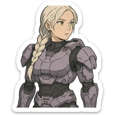 female, wearing reach spartan armor default, long white braid hair, gold yellow eyes, attention pose, halo series, no helmet, the armor is lavender color scheme, shoulder pad off. DDD bust size fitting. Punk gothic cyberpunk sticker